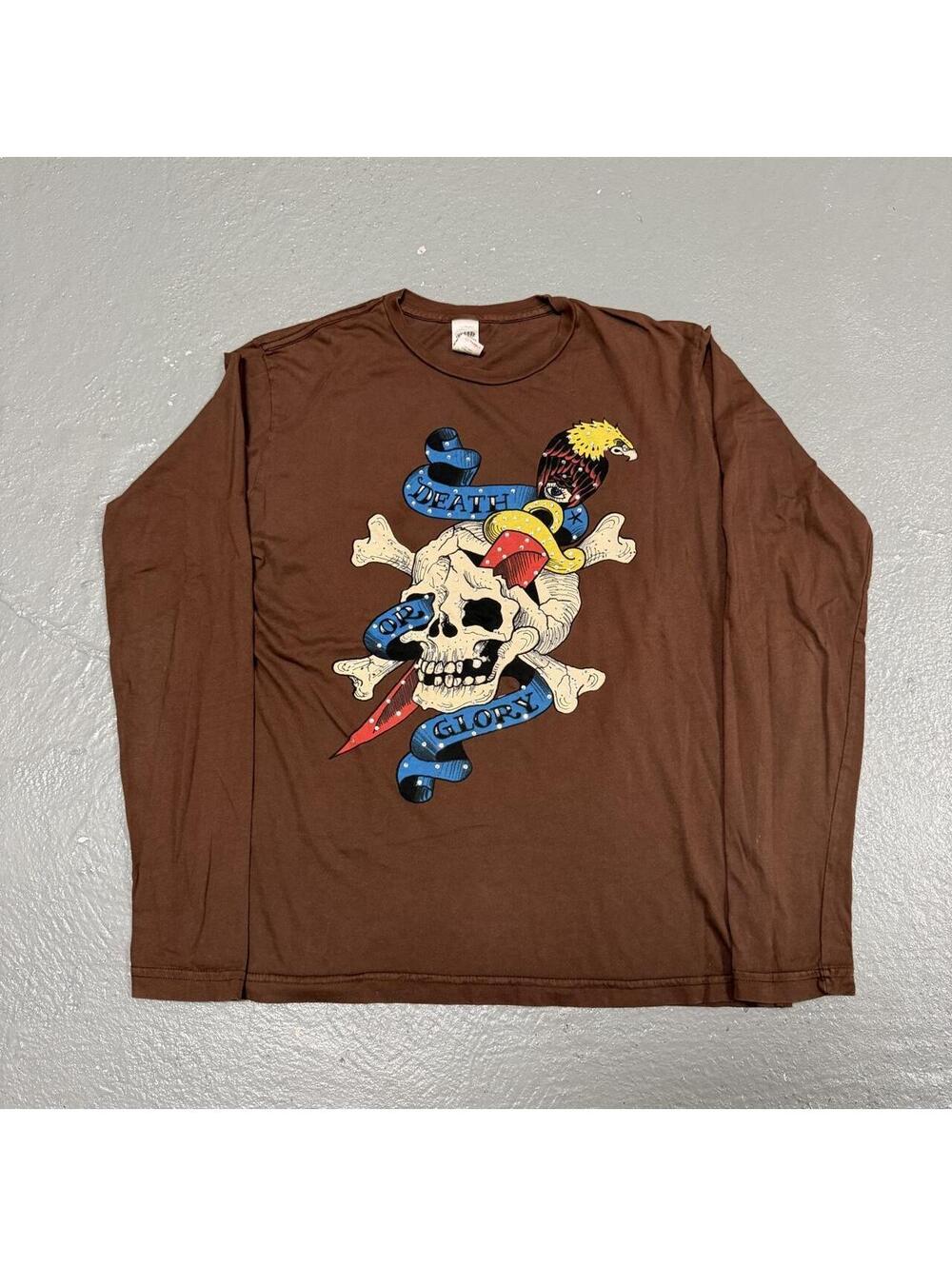 Y2K Ed Hardy Brown Skull Graphic Rhinestone Long Sleeve Shirt
